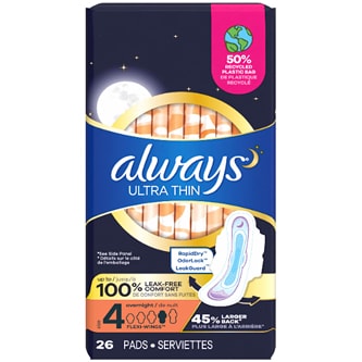 Always Ultra Thin Pads, Size 4 Overnight with Wings