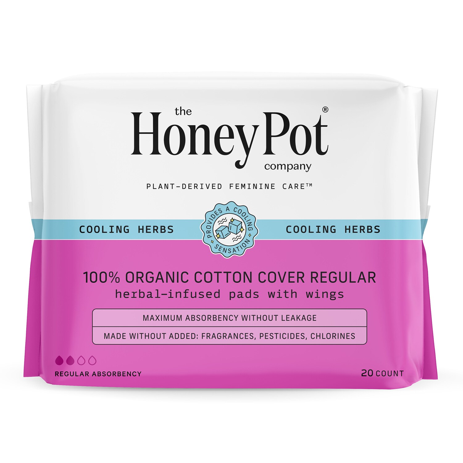The Honey Pot Company 100% Organic Cotton Cover Herbal-Infused Regular Pads with Wings