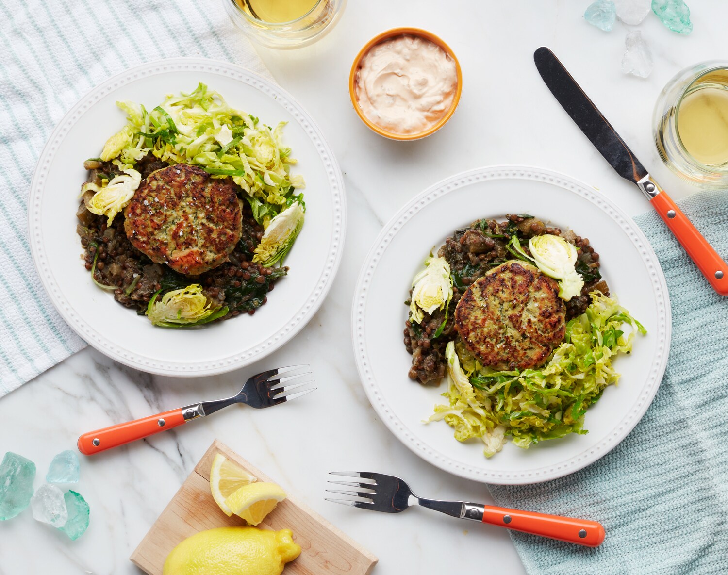 FreshDirect Salmon Cakes with Lentils & Brussels Sprouts Meal Kit