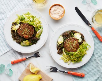 FreshDirect Salmon Cakes with Lentils & Brussels Sprouts Meal Kit