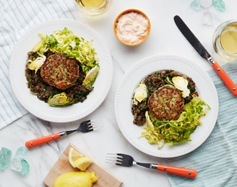 FreshDirect Salmon Cakes with Lentils & Brussels Sprouts Meal Kit