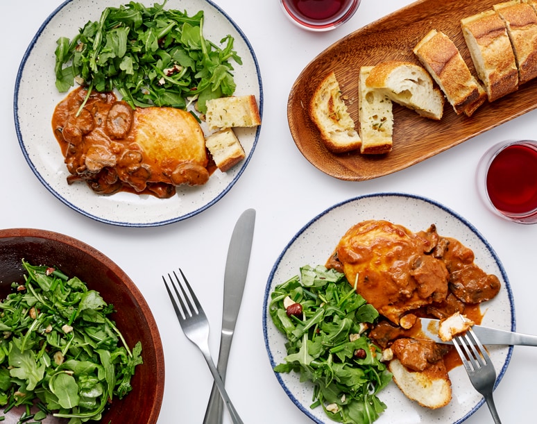 FreshDirect Chicken Marsala with Garlic Bread and Hazelnut Arugula Salad Meal Kit