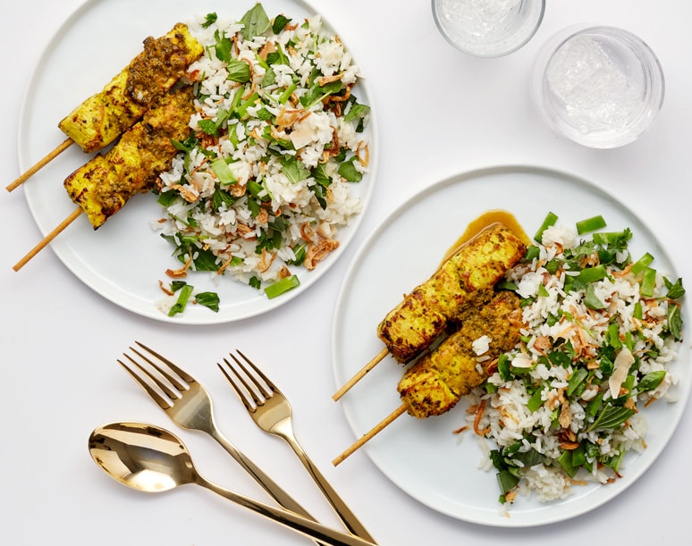 FreshDirect Malaysian Chicken Skewers with Herbs and Coconut Rice Meal Kit