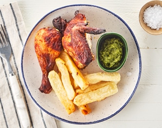 FreshDirect Roasted Chicken with Yuca Fries and Avocado Mojo