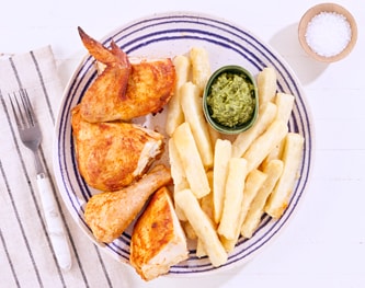 FreshDirect Roasted Chicken with Yuca Fries and Avocado Mojo