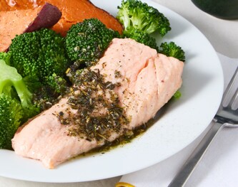 FreshDirect Salmon with Sweet Potatoes and Broccoli, Single Serving Meal