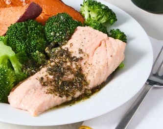 FreshDirect Salmon with Sweet Potatoes and Broccoli, Single Serving Meal