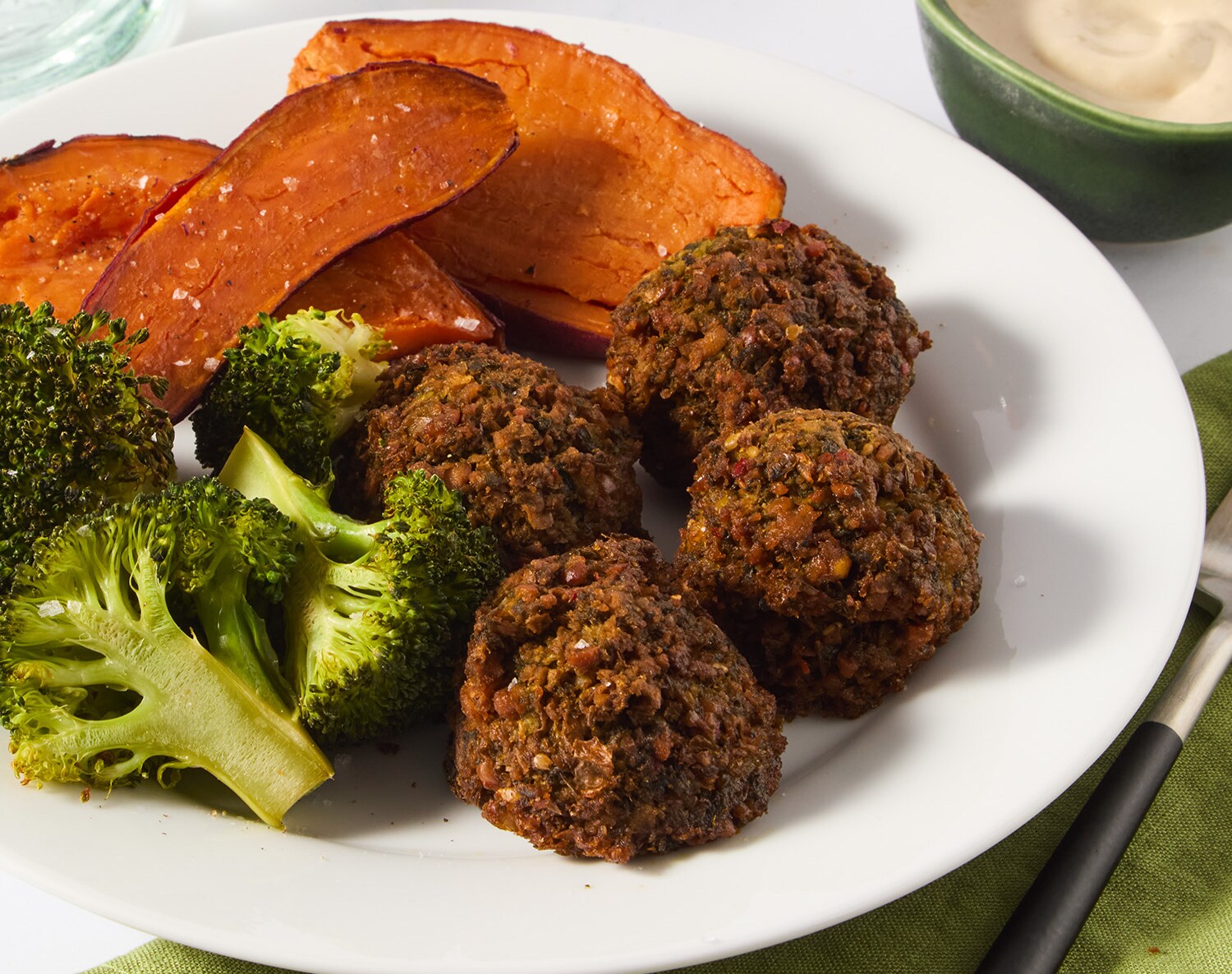 FreshDirect Green Falafel with Lemon Tahini and Roasted Sweet Potatoes, image 1 of 2 slides