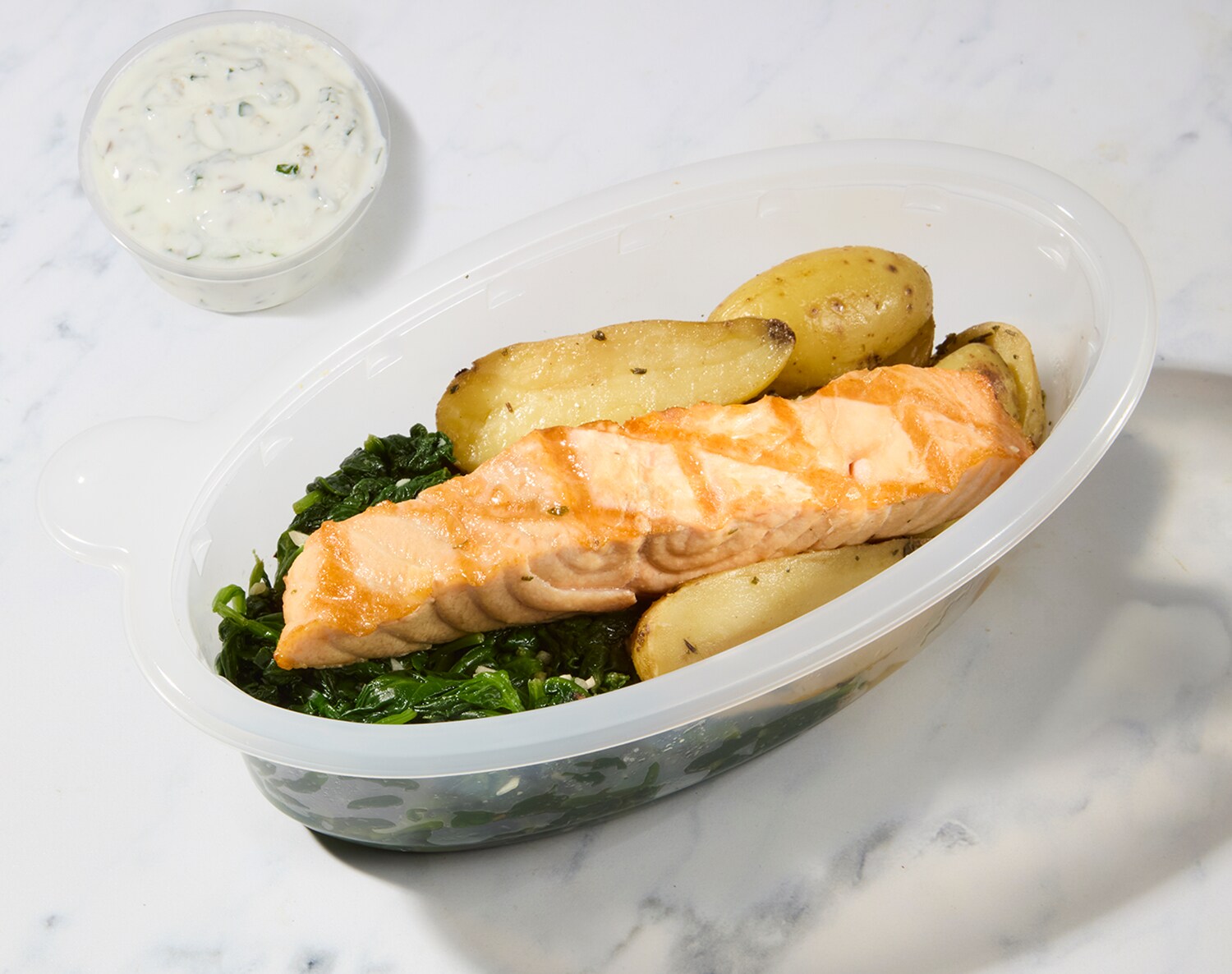 FreshDirect Salmon with Potatoes, Spinach & Tzatziki, Single Serving Meal, image 2 of 2 slides