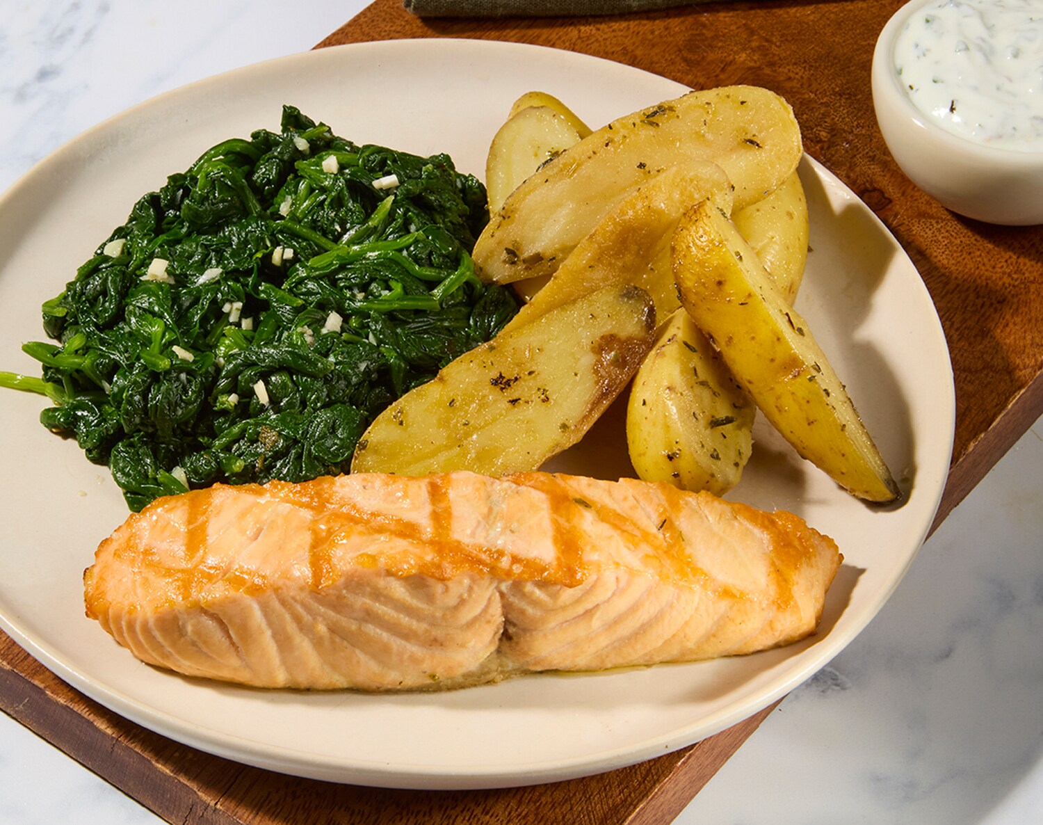 FreshDirect Salmon with Potatoes, Spinach & Tzatziki, Single Serving Meal, image 1 of 2 slides