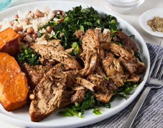 FreshDirect Jerk Chicken with Kale, Yams, and Coconut Rice, Single Serving Meal