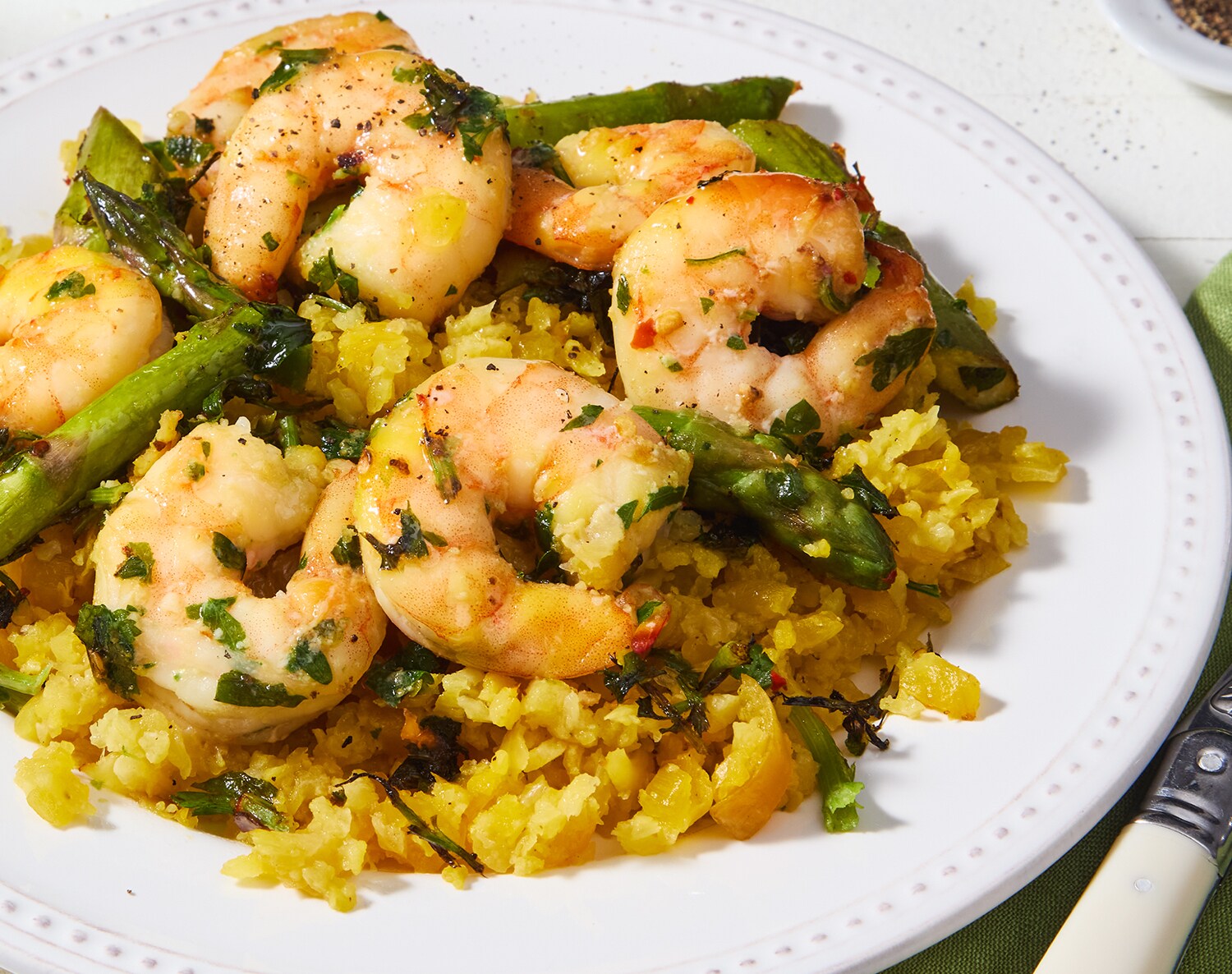 FreshDirect Lemon Herb Shrimp with Cauliflower "Rice" and Asparagus, Single Serving Meal