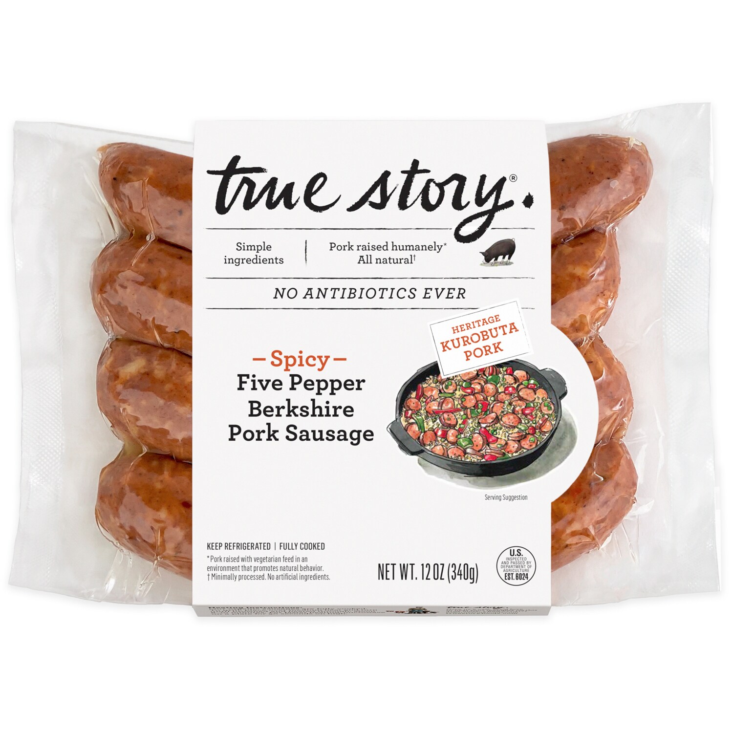 True Story Foods Spicy Five Pepper Berkshire Pork Sausage, Raised w/o Antibiotics