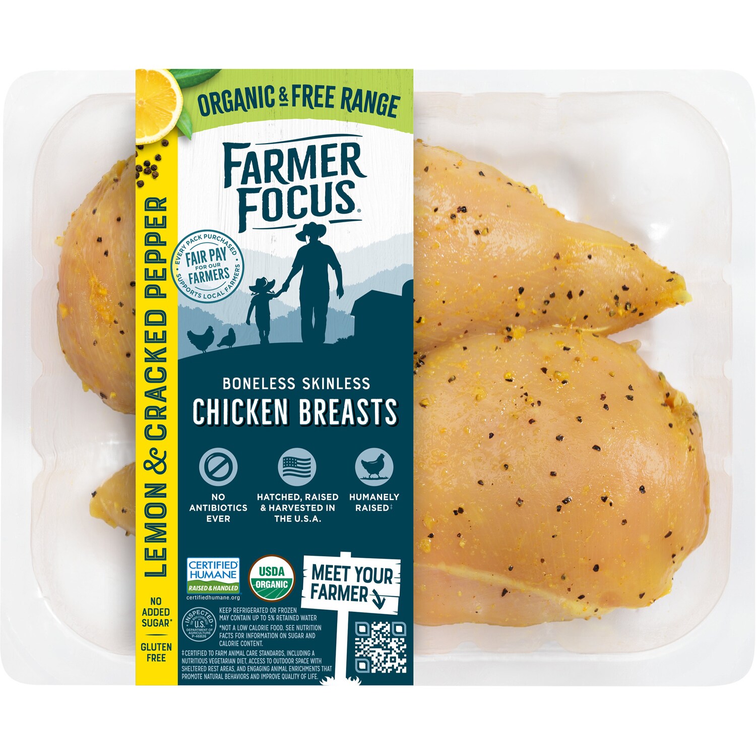 Farmer Focus Organic Lemon & Cracked Pepper Boneless Skinless Chicken Breasts, Uncooked