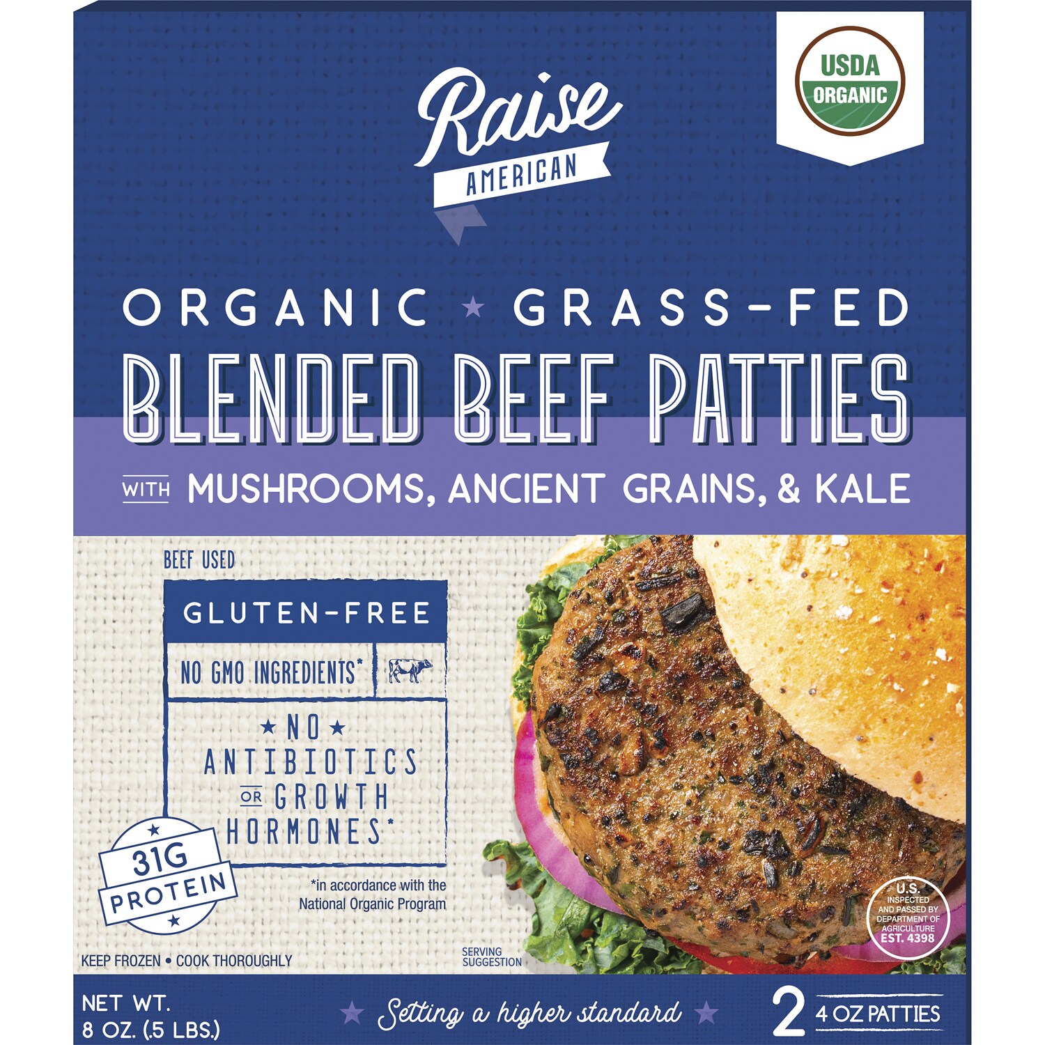 Raise American Organic Grass-Fed Ancient Grain Blended Beef Patties, Frozen