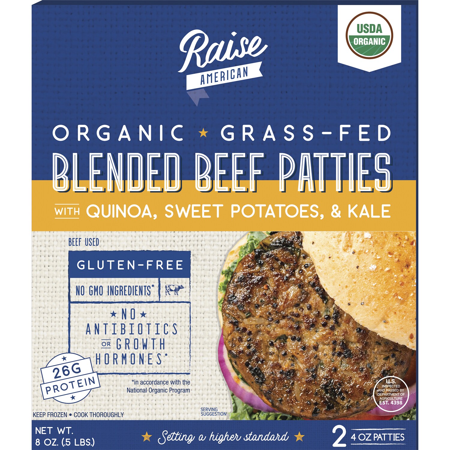 Raise American Organic Grass-Fed Quinoa Blended Beef Patties, Frozen