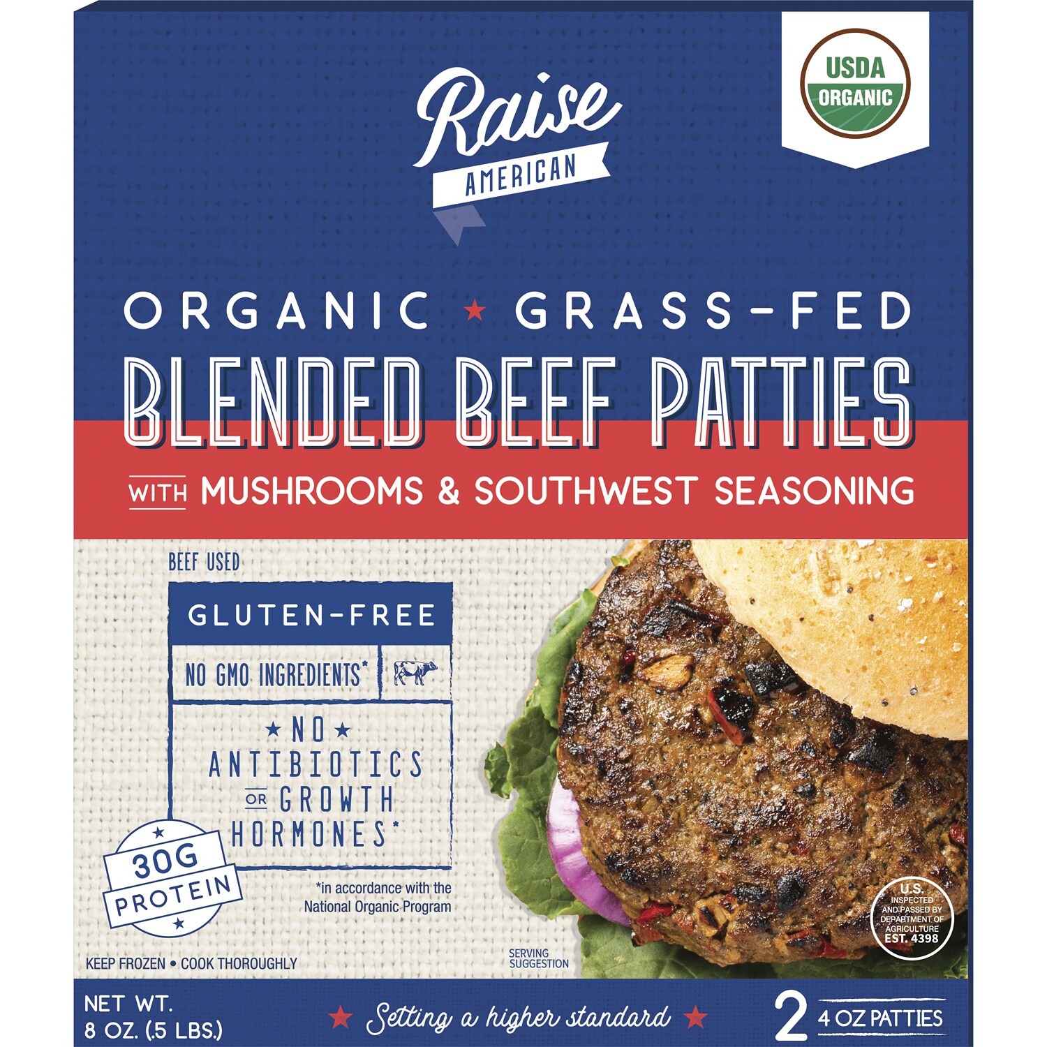 Raise American Organic Grass-Fed Southwest Mushroom Blended Beef Patties, Frozen