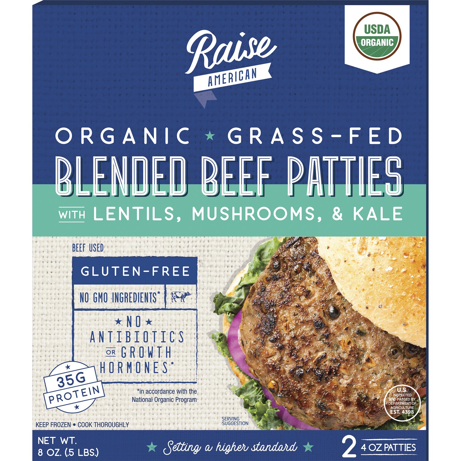 Raise American Organic Grass-Fed Lentil Blended Beef Patties, Frozen