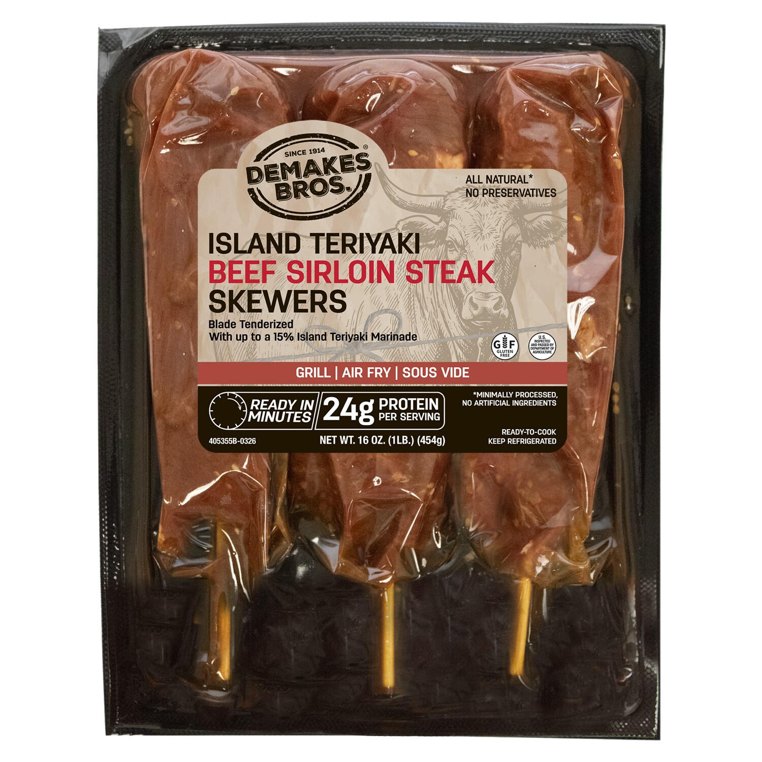 Demakes Bros. Beef Sirloin Steak Skewers, Island Teriyaki, Frozen