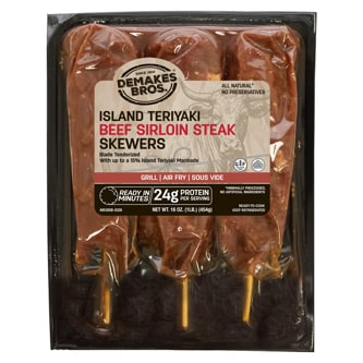 Demakes Bros. Beef Sirloin Steak Skewers, Island Teriyaki, Frozen