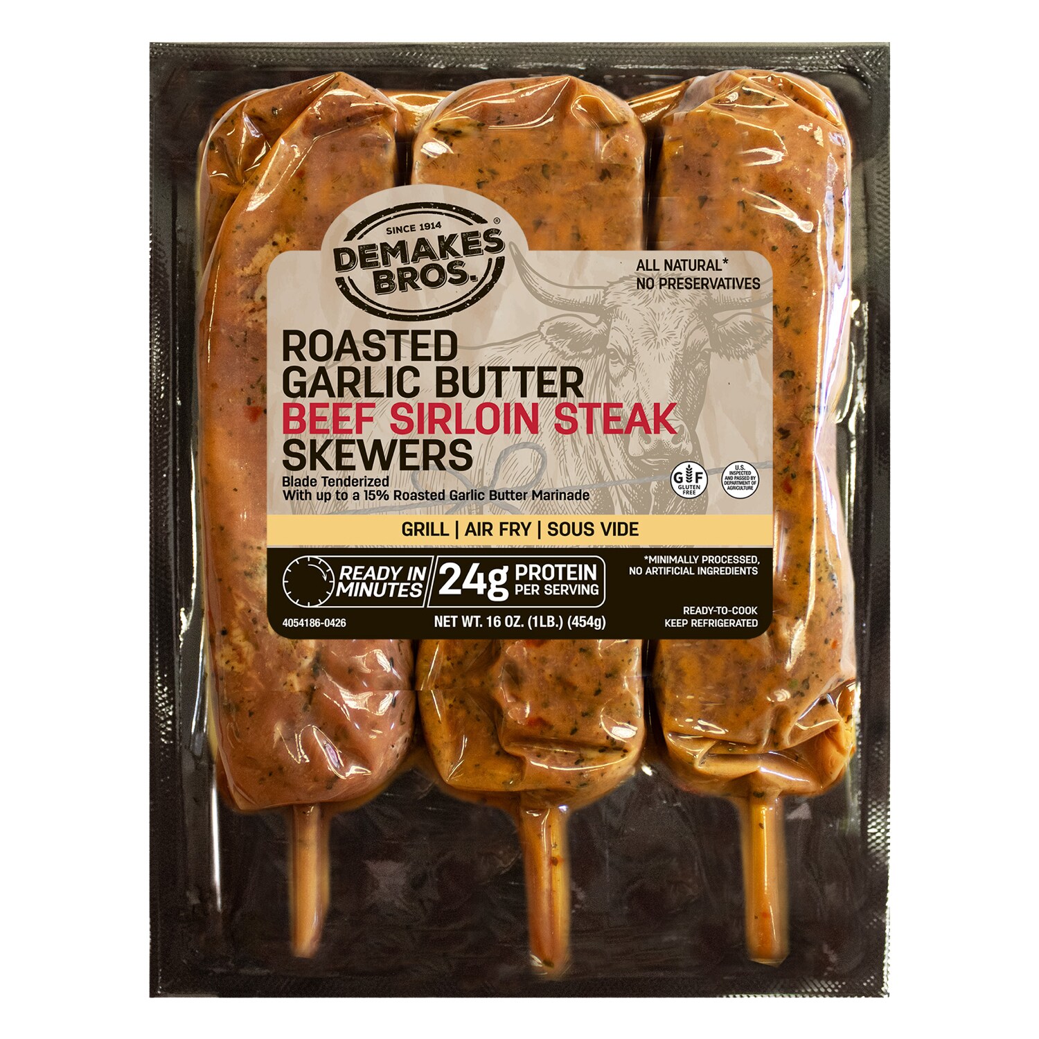 Demakes Bros. Beef Sirloin Steak Skewers, Roasted Garlic Butter, Frozen