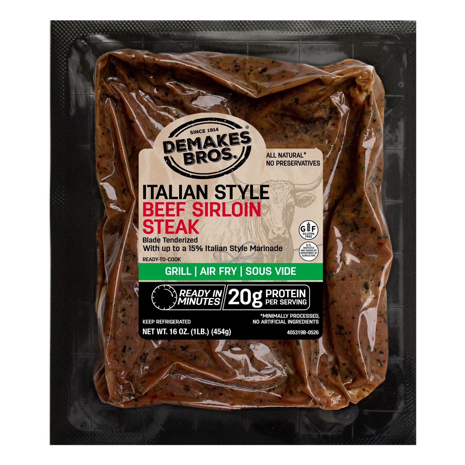 Demakes Bros. Beef Sirloin Steaks, Italian Style, Frozen