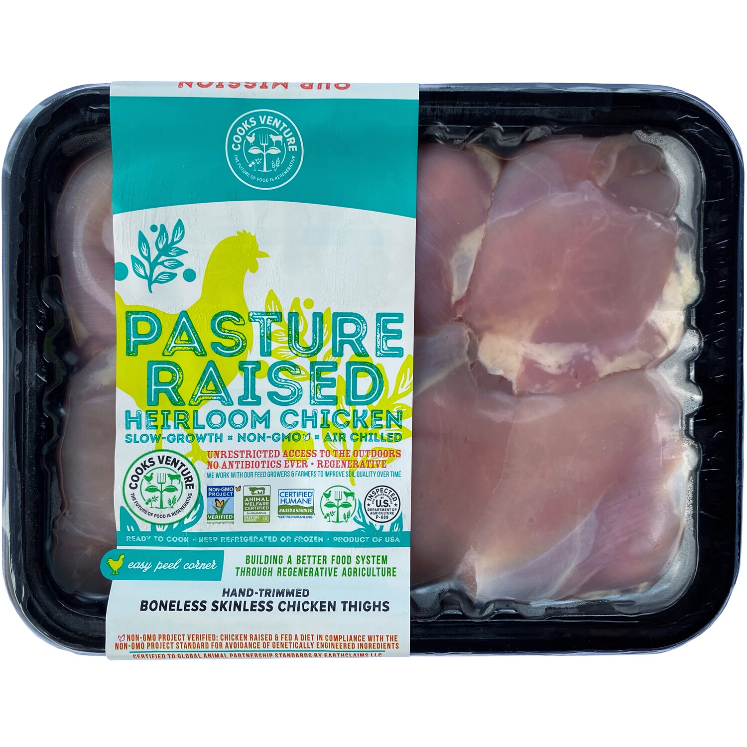 Cooks Venture Pasture-Raised Slow-Growth Boneless Chicken Thighs, Air-Chilled, Raised w/o Antibiotics