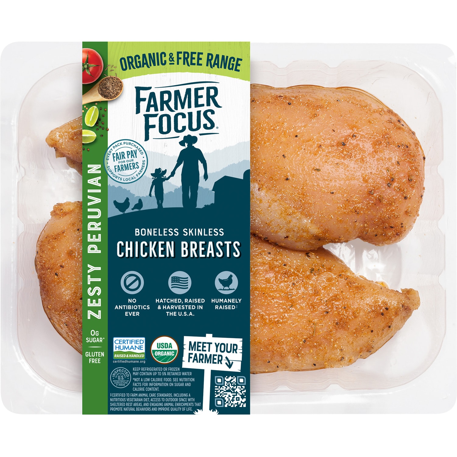 Farmer Focus Organic Zesty Peruvian Boneless Skinless Chicken Breasts, Uncooked