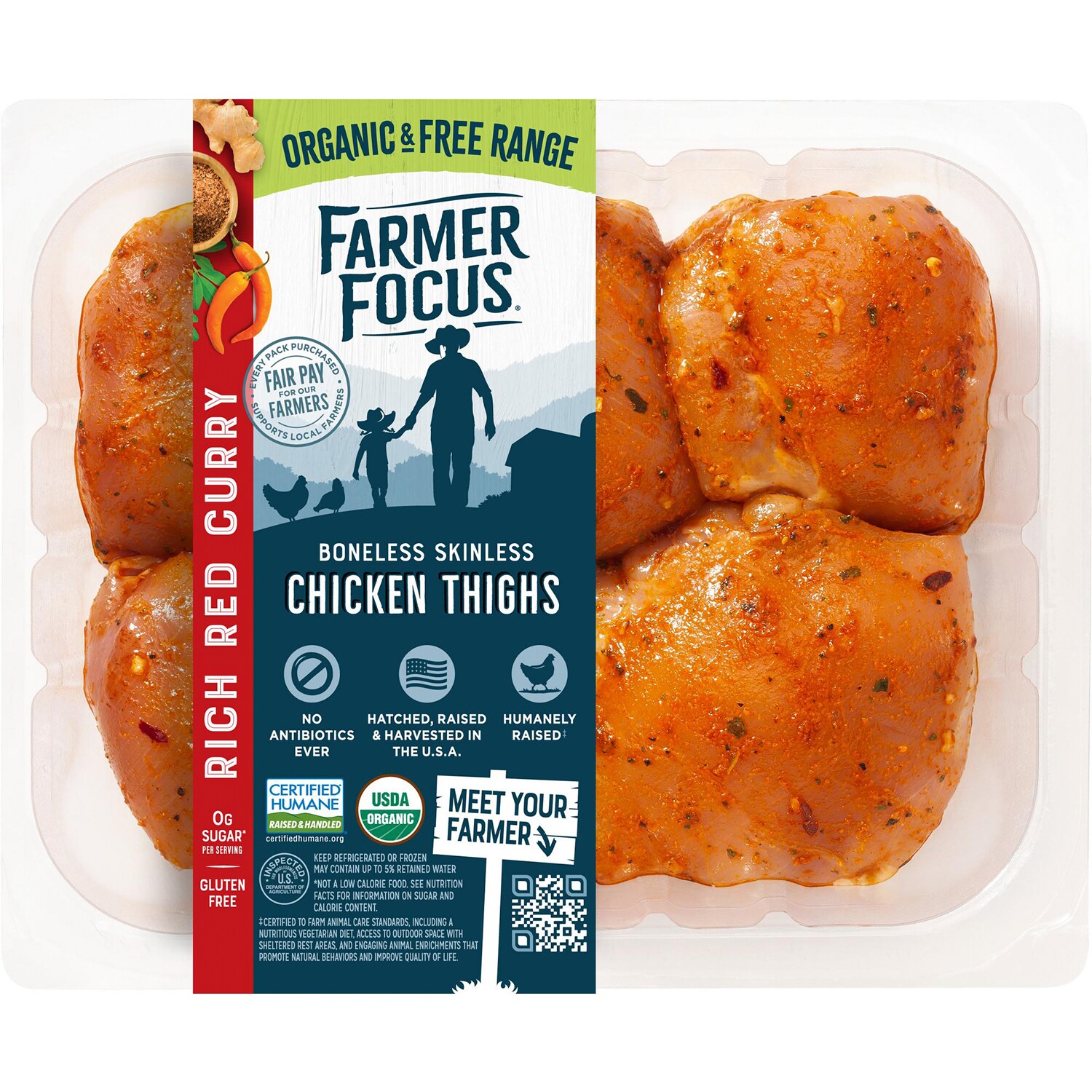 Farmer Focus Organic Boneless Skinless Rich Red Curry Chicken Thighs, Uncooked