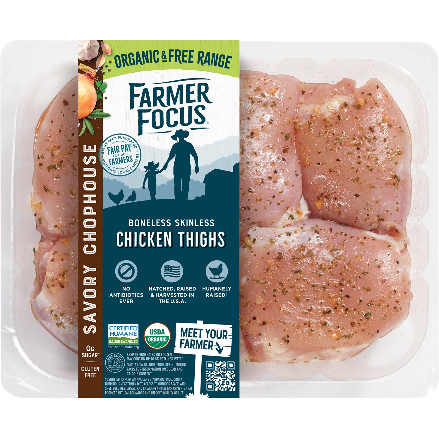 Farmer Focus Organic Savory Chophouse Boneless Skinless Chicken Thighs, Uncooked