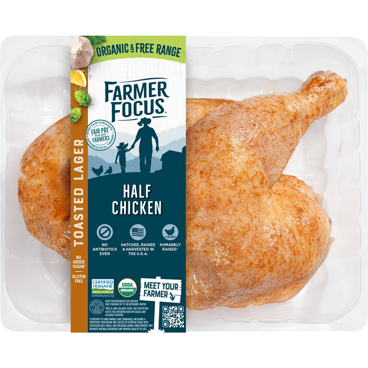 Farmer Focus Organic Toasted Lager Half Chicken, Uncooked