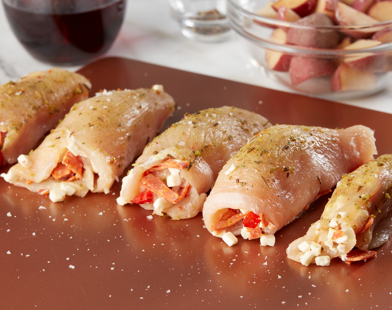 Roasted Red Pepper, Pepperoni & Mozzarella Chicken Rollups