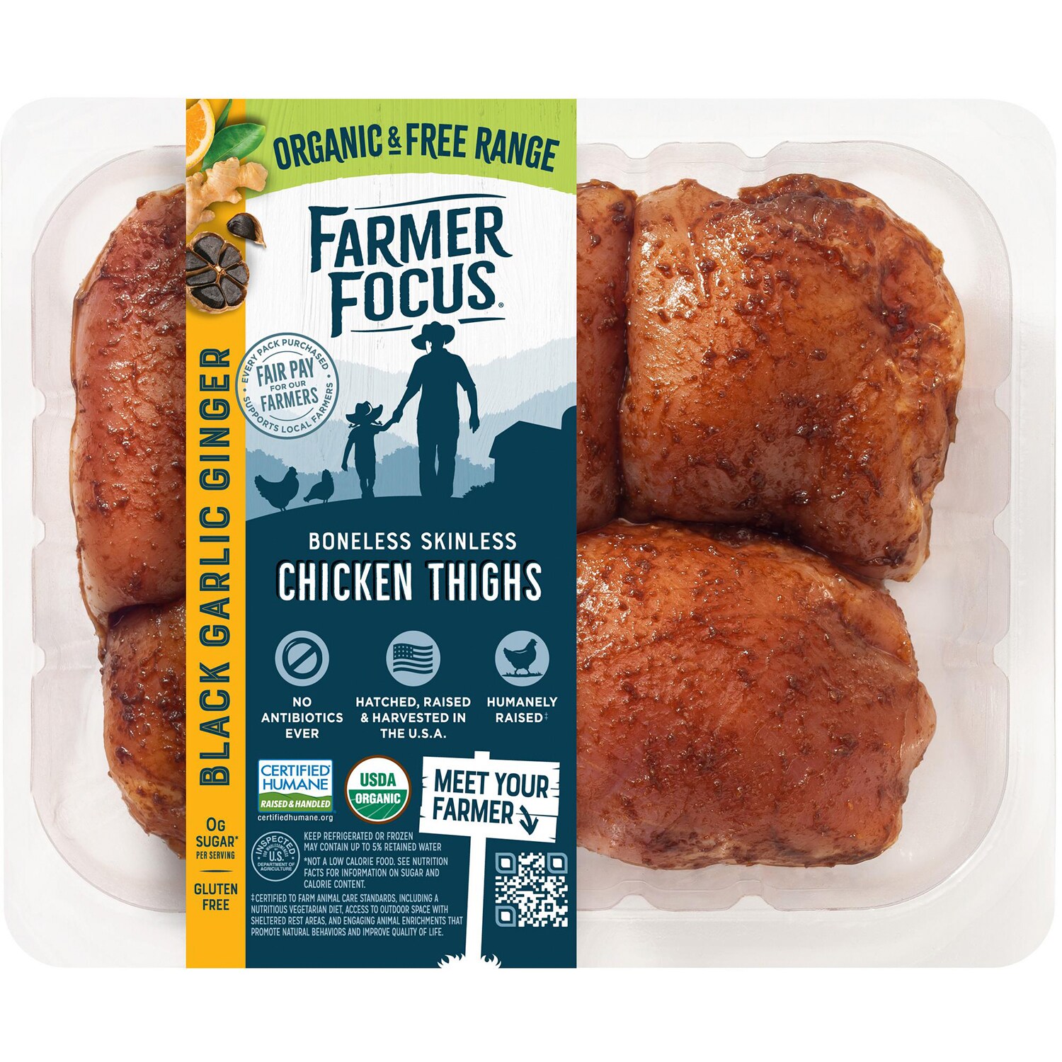 Farmer Focus Organic Black Garlic Ginger Boneless Skinless Chicken Thighs